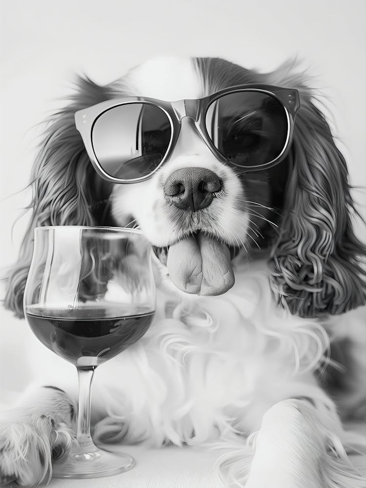 Cavalier King Charles Spaniel And Wine Wall Art, Black And White Print, Yorkie Gift, Alcohol Print, Funny Dog Poster, Kitchen Wall Decor