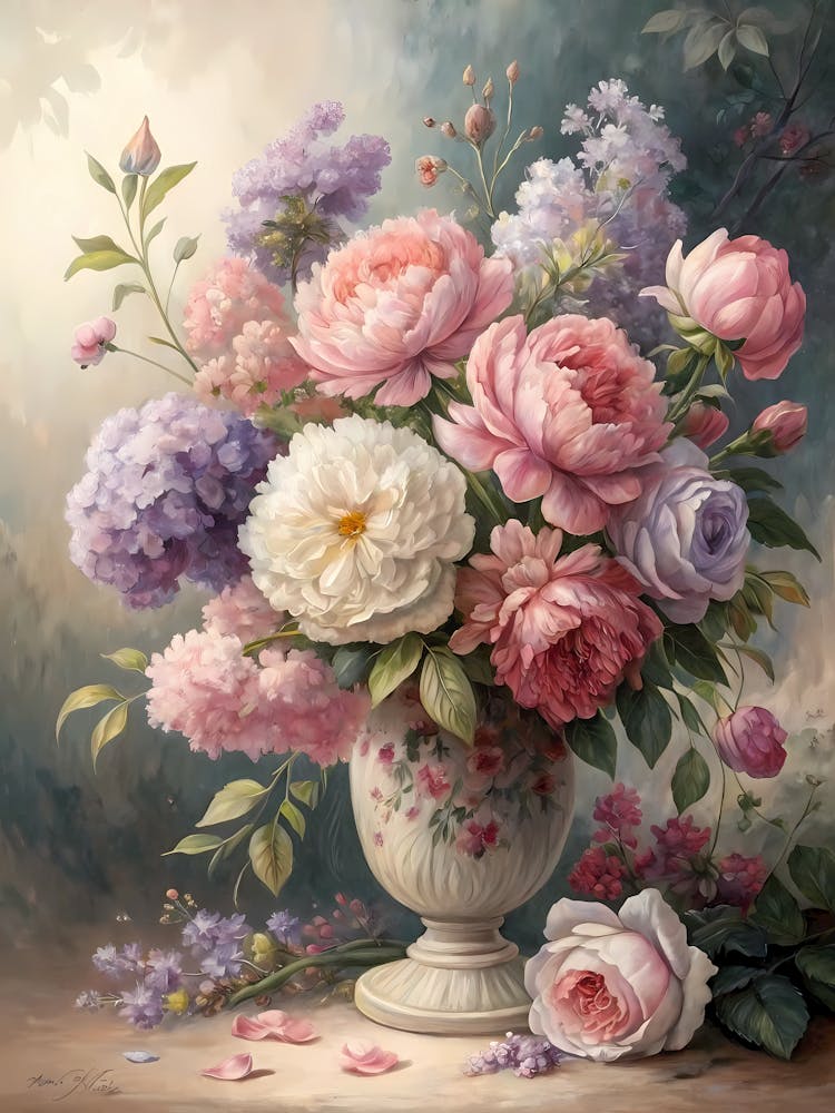 Oil Painting Style Pastel Peony & Hydrangea Bouquet Elegant Floral Arrangement