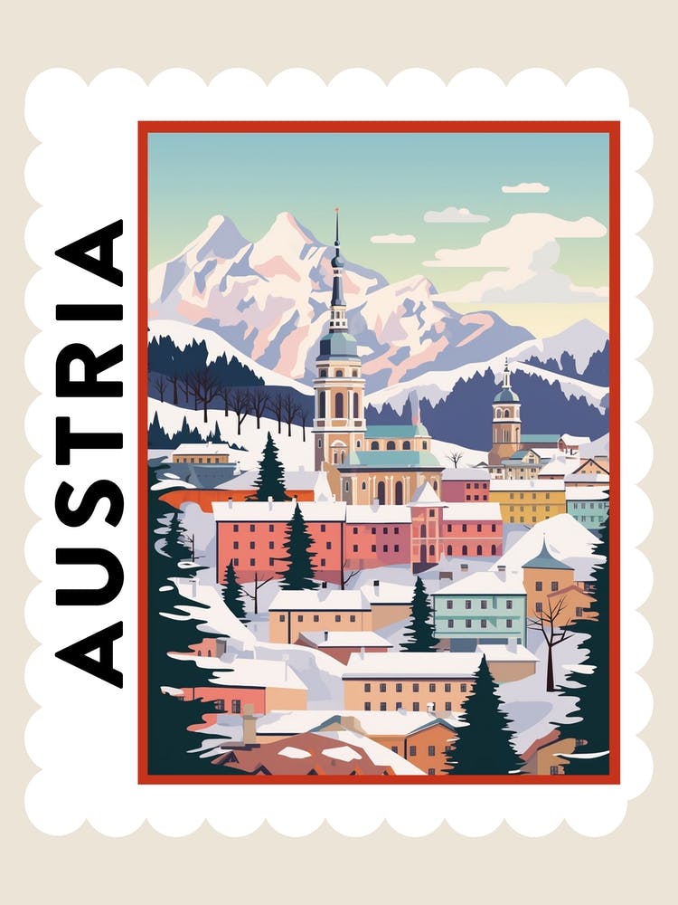 Retro Winter Briefmarken-Poster Salzburg Austria 2