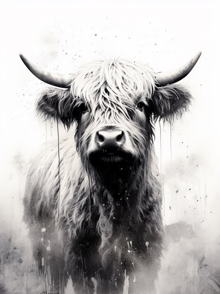Black & White Ink Painting Of Highland Cow 1