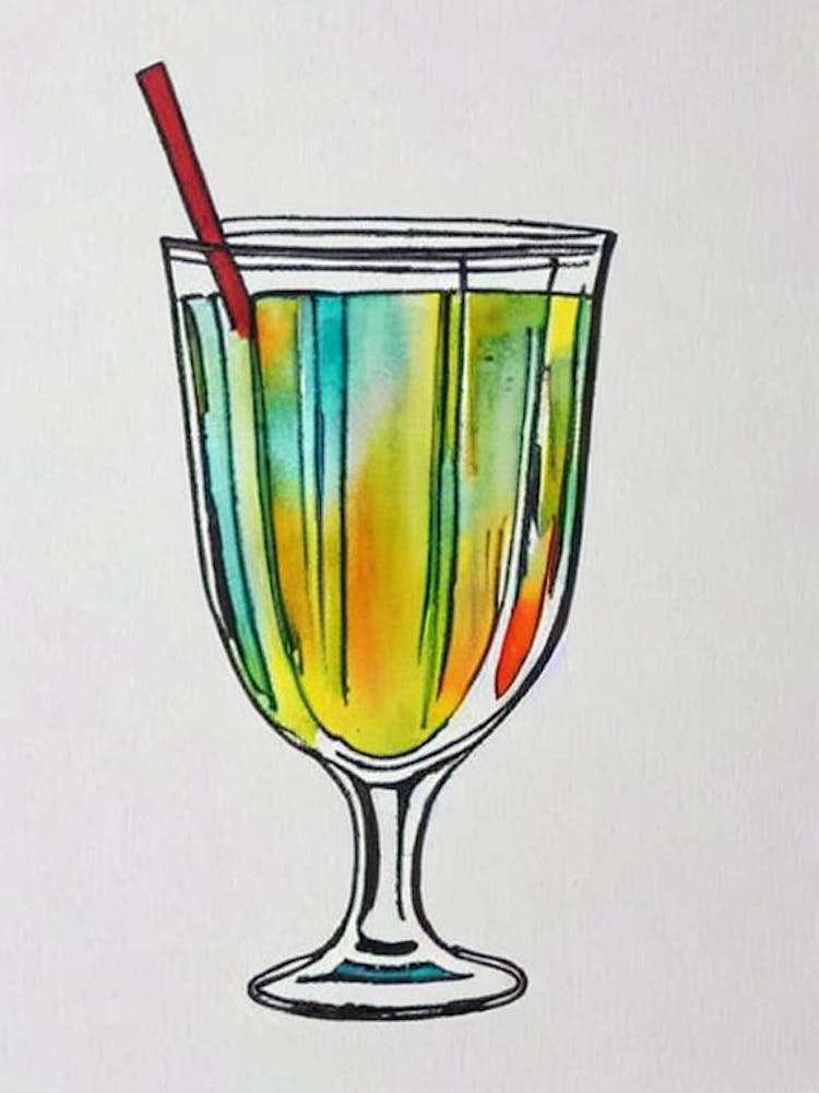Hemingway Daiquiri 2 Minimal Line Drawing With Watercolour Cocktail Poster