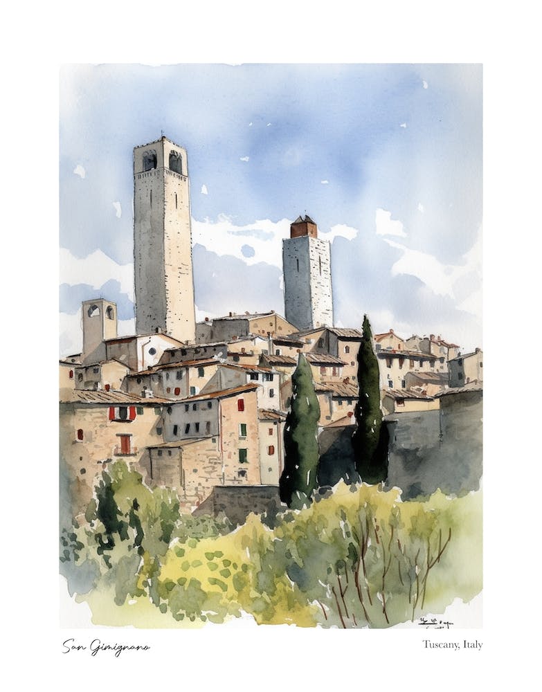 San Gimignano, Tuscany, Italy 4 Watercolour Travel Poster