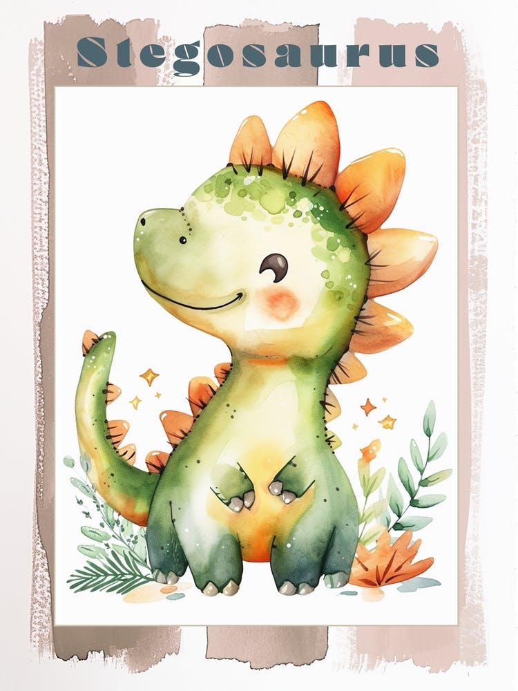 Cute Cartoon Stegosaurus Dinosaur Watercolour 2 Poster