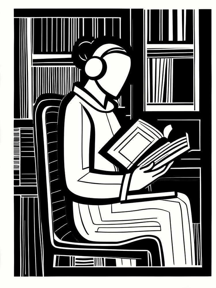 Nur ein Mädchen, das gerne liest, Löwenschnitt-inspiriertes Schwarz-Weiß-stilisiertes Porträt einer lesenden Frau, Lese-Kunst, Bücherwurm, Lesendes Mädchen 186