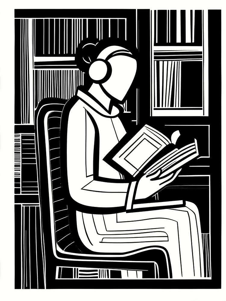 Just a girl who loves to read, Lion cut inspired Black and white Stylized portrait of a Woman reading a book, reading art, book worm, Reading girl 186