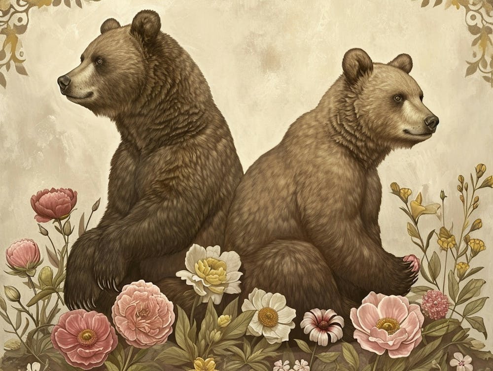 Floral Animal Illustration Brown Bear 2