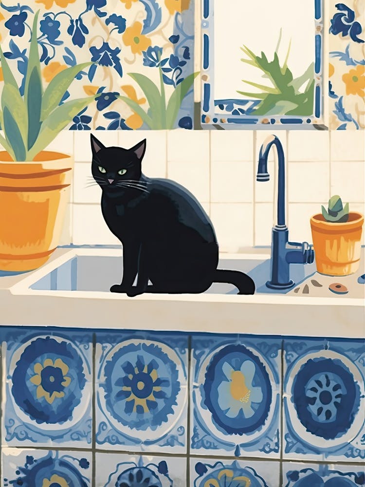 Black Cat In The Kitchen Sink, Mediterranean Style 3