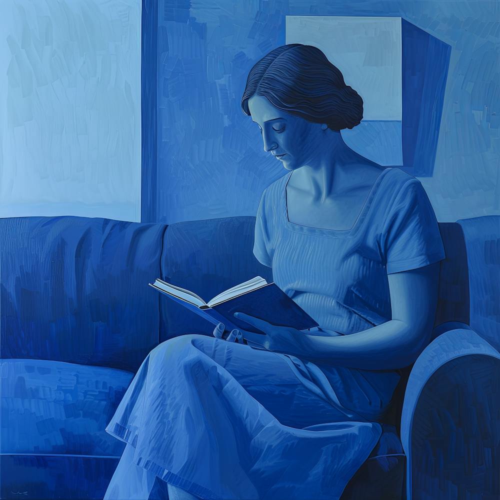 Woman Reading Book Monochromatic Figuration in Blue