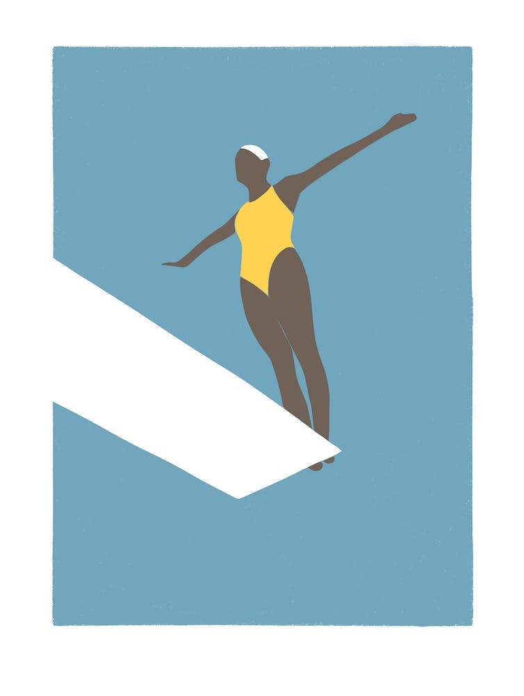 Woman on diving board in light blue