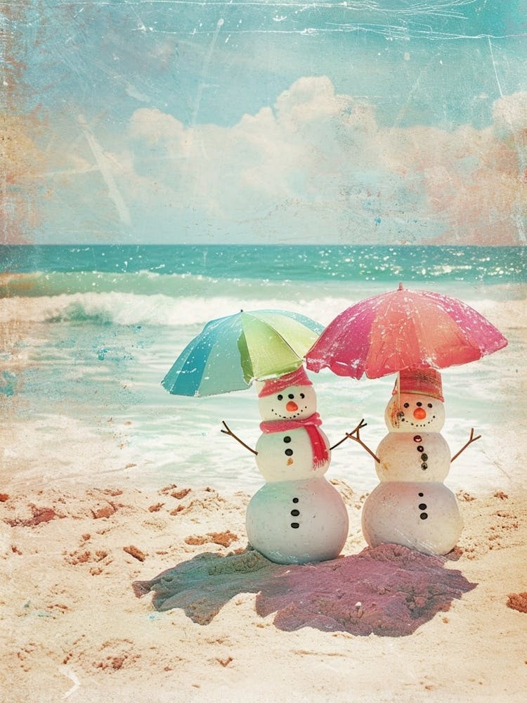 Snowmen On The Beach Retro Photo 1