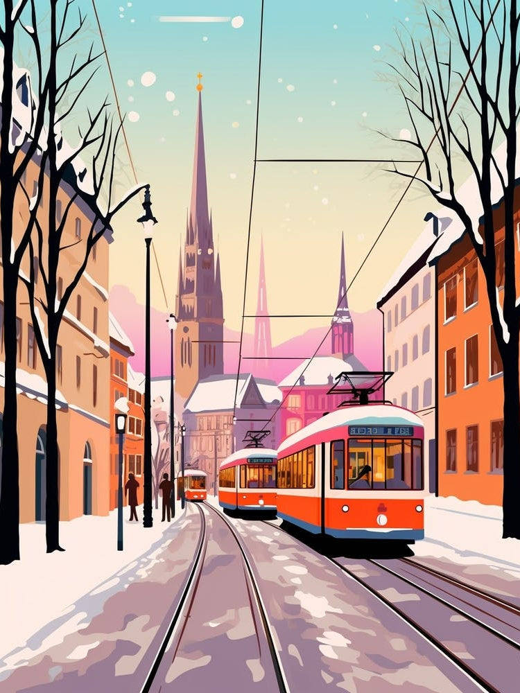 Vintage Winter Travel Illustration Zurich Switzerland 2