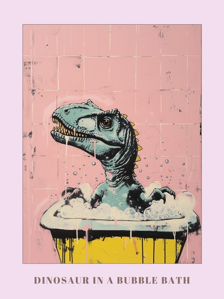 Dinosaur In The Bubble Bath Pastel Pink Abstract Illustration 1 Poster