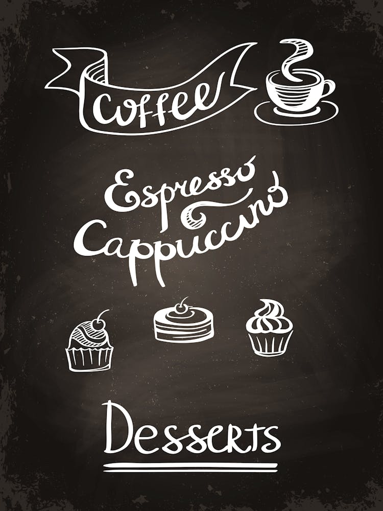 Desserts On A Chalkboard — Coffee poster, kitchen print, lettering