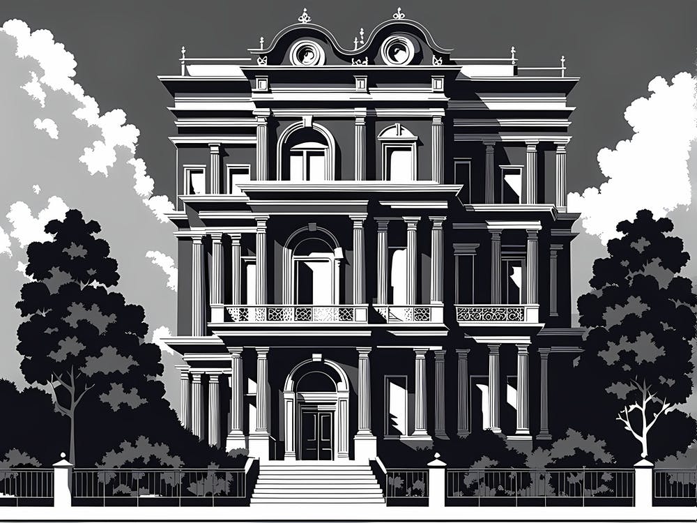 Victorian House, black and white monochromatic art