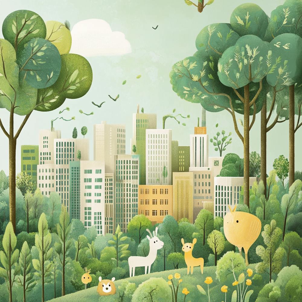 Cityscape With Animals And Trees