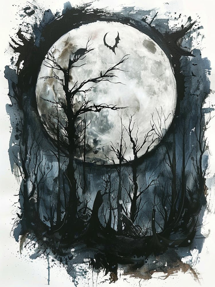Watercolour Style Gothic Forest Animals On A Moon