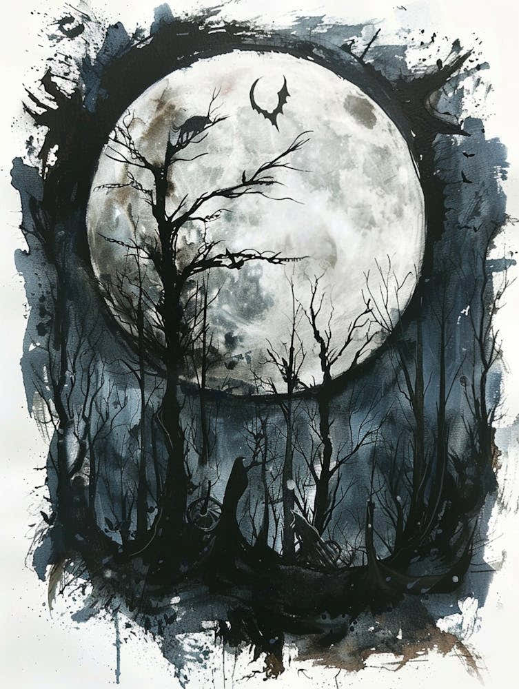 Watercolour Style Gothic Forest Animals On A Moon