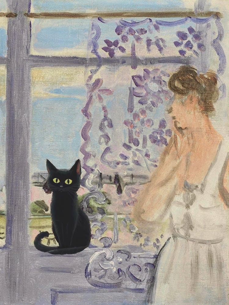 Frau am Fenster mit Katze Porträt Matisse-inspiriert