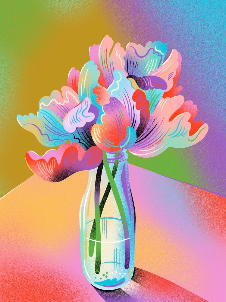 Parrot Tulips In Glass Vase In Full Detail