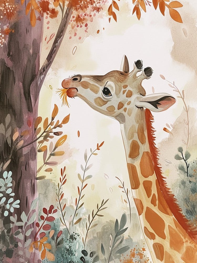 Girafe Mangeant des Feuilles - Aquarelle de Livre d'Histoires