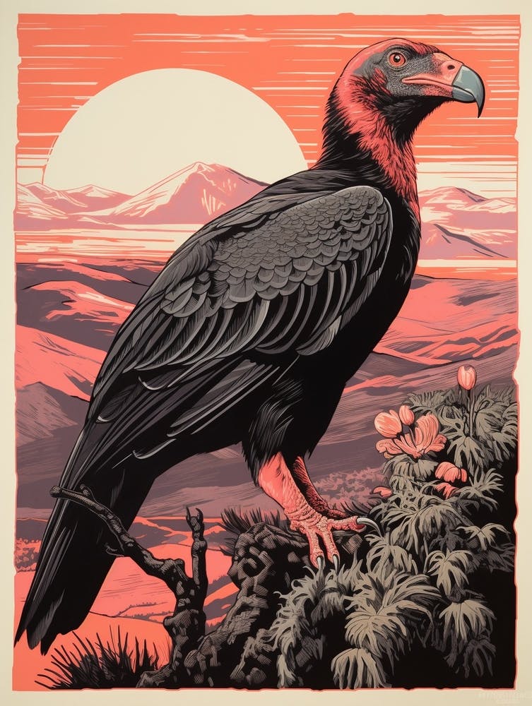 Vintage Bird Linocut California Condor 1