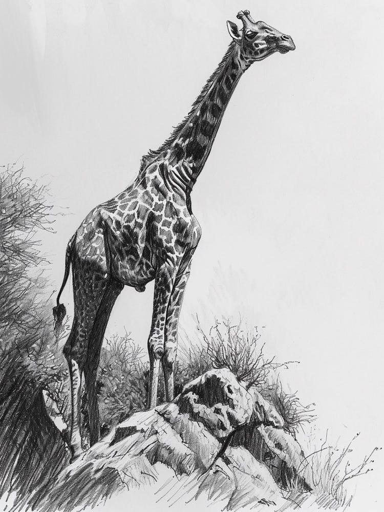 Giraffe On The Cliff Edge Pencil Drawing 1