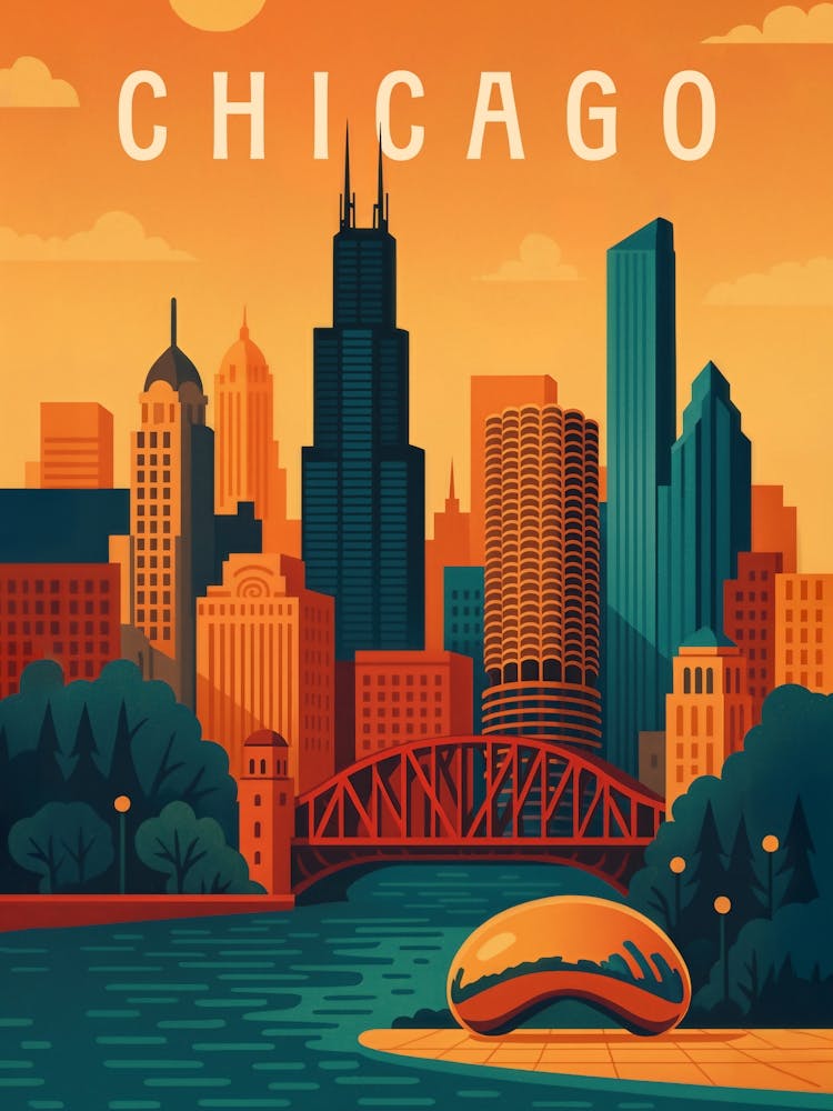 Chicago Travel Poster – Urban Lakefront and Skyline Icons: This Chicago travel poster features the Bean, Willis Tower, and Lake Michigan skyline. Urban architecture meets retro charm in this bold tribute to the Windy City’s downtown spirit.