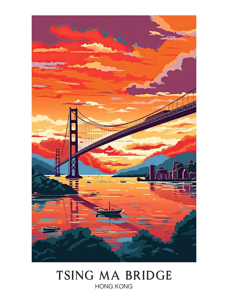 Tsing Ma Bridge, Hong Kong, Colourful Travel Poster