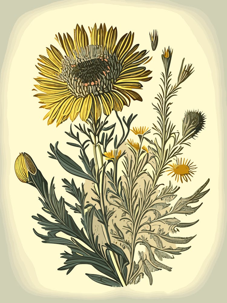 Golden Aster Wildflower Vintage Botanical 2