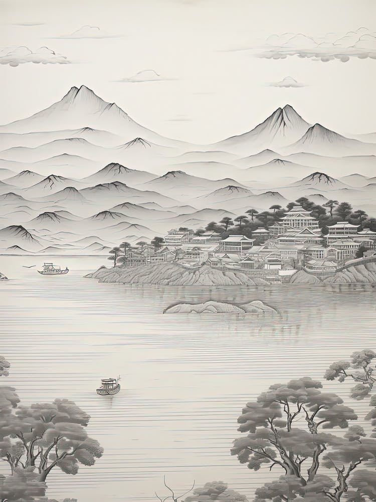 Amanohashidate In Kyoto, Ukiyo E Black And White Line Art Drawing 2