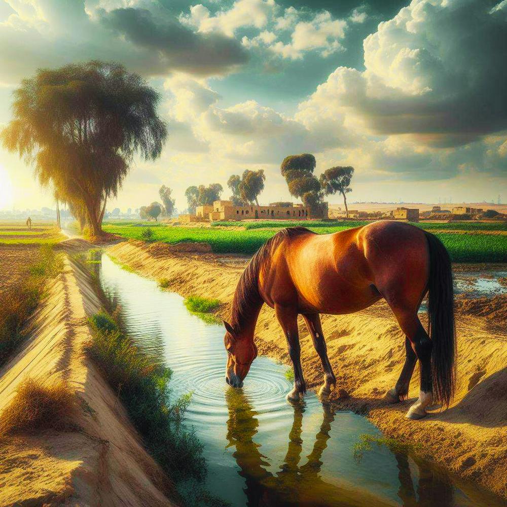 Captivating Scene: A Majestic Horse Quenching its Thirst in a Village, Bathed in the Glow of a Mesmerizing Sunset