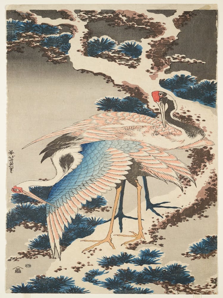 Two Cranes On A Snow–Covered Pine Tree , Katsushika Hokusai