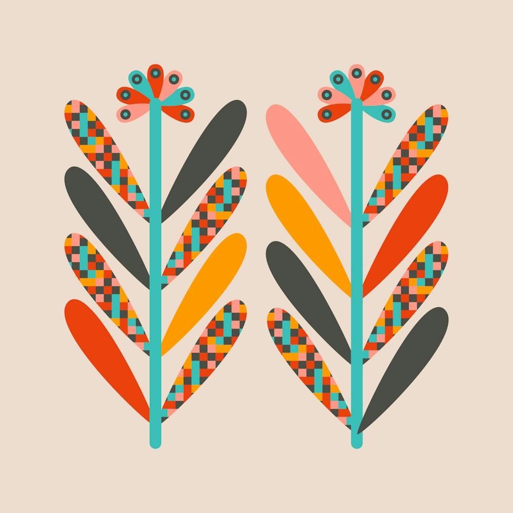 BLOOMS Mid-Century Modern Scandi Folk Floral in Vintage Retro Colours on Cream