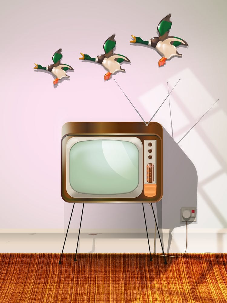 Flying porcelain birds and television.