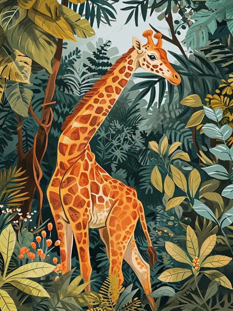 Giraffe With Leaves Colourful Illustration 3