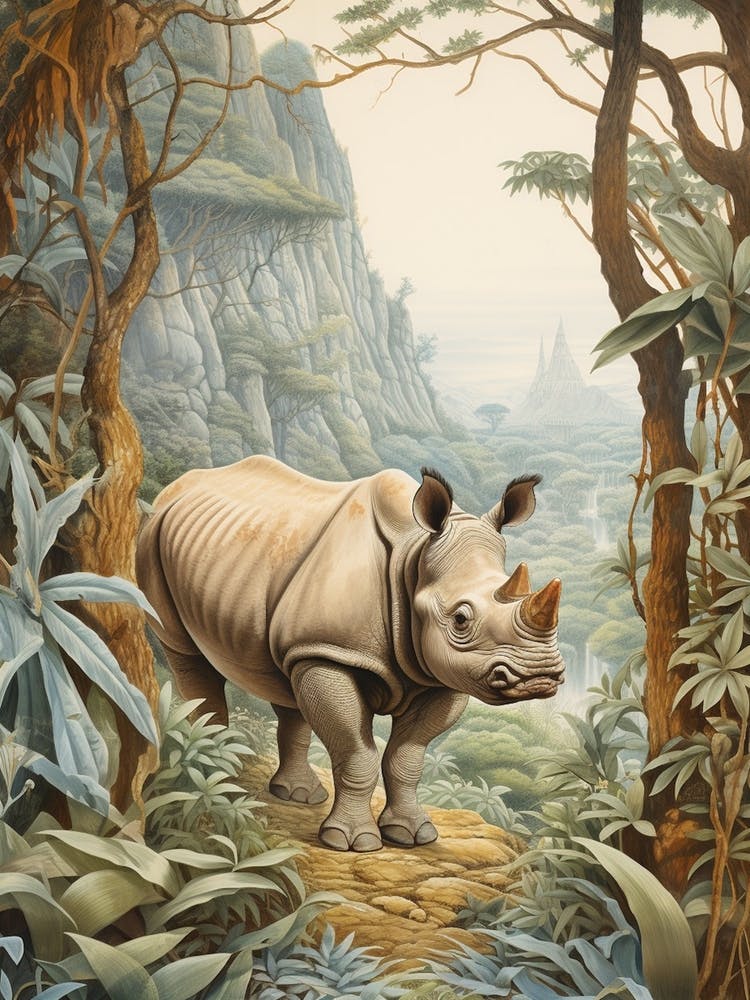 Rhino In The Archway Of The Trees Realistic Illustration 2