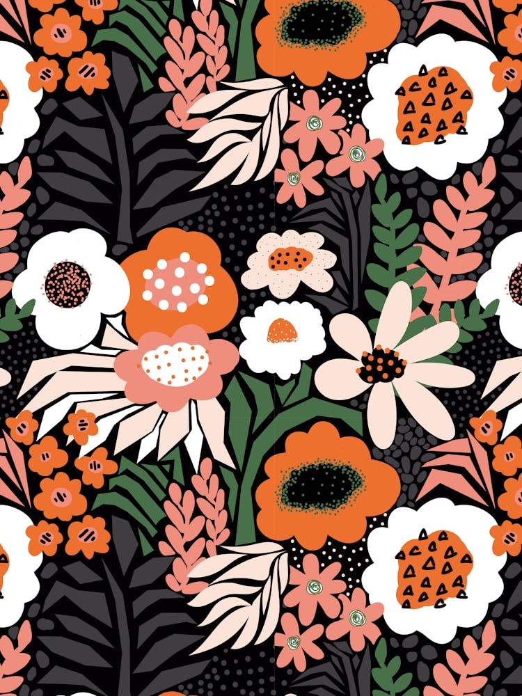 Paper Cut And Doodle Floral Collage Green Red White Black