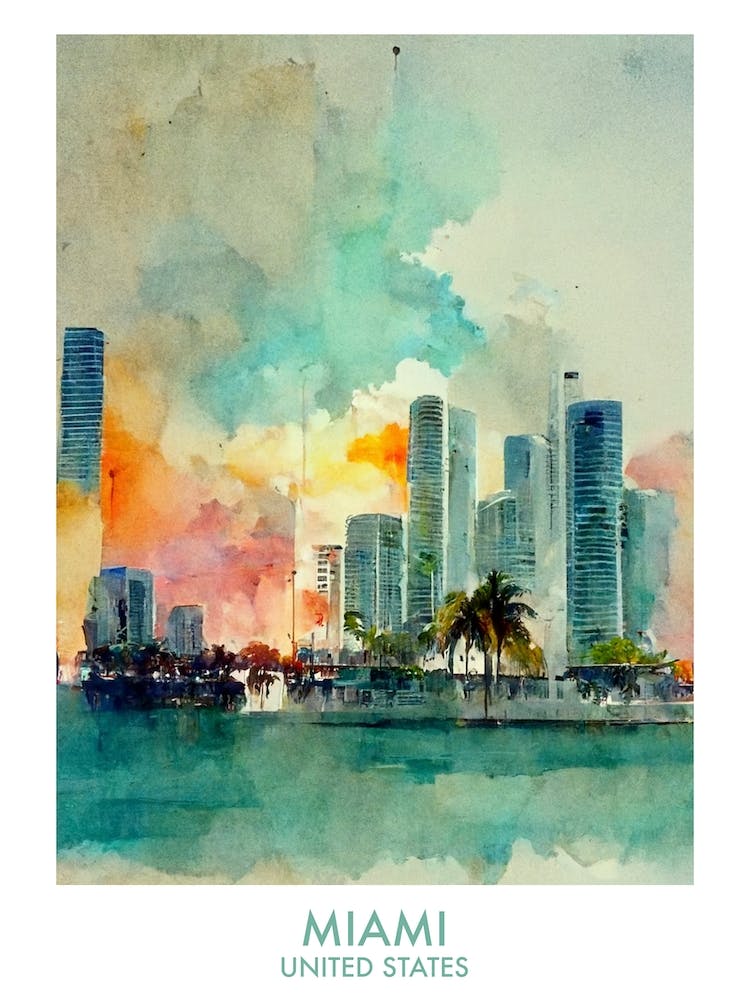Miami Usa Watercolour Travel