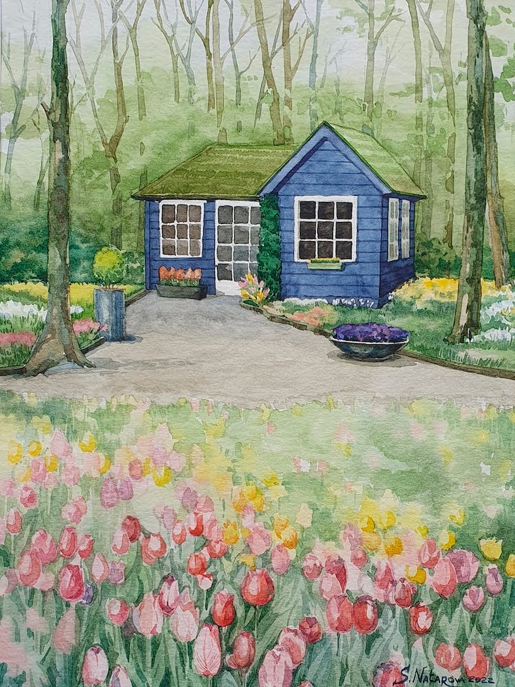 Watercolor Landscape House In Tulips