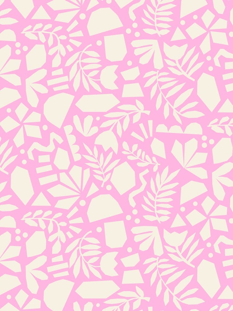 Paper Cut Out Collage Florals Abstract Flowers White on Pink