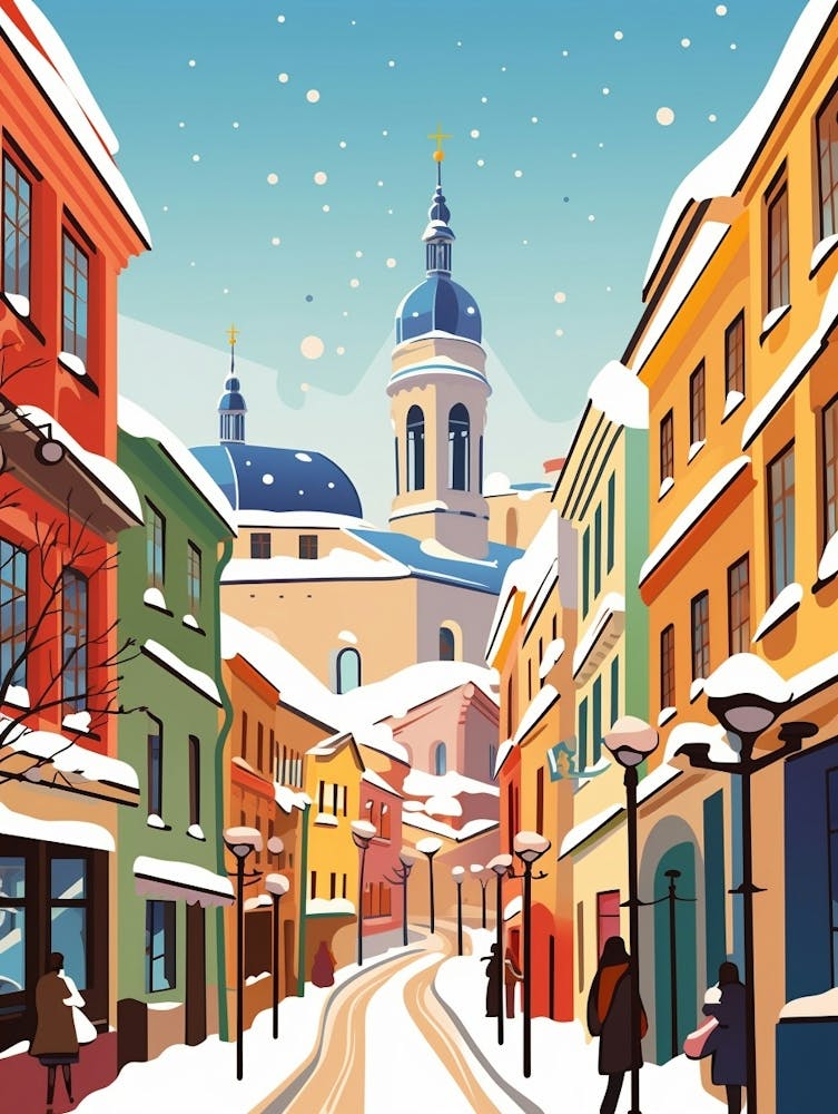 Vintage Winterreise-Illustration Helsinki Finnland 1