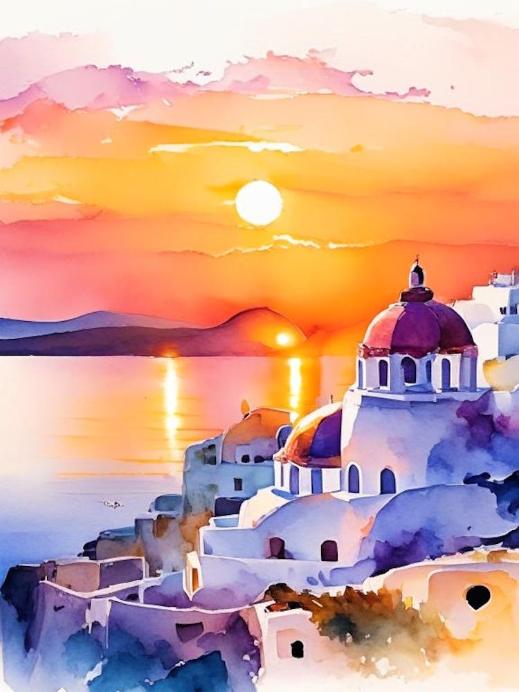 Santorini Greece Water Colour Sunset 4