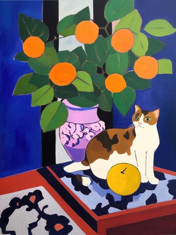 A Painting Of A Still Life Of A Hydrangea With A Cat In The Style Of Matisse 4