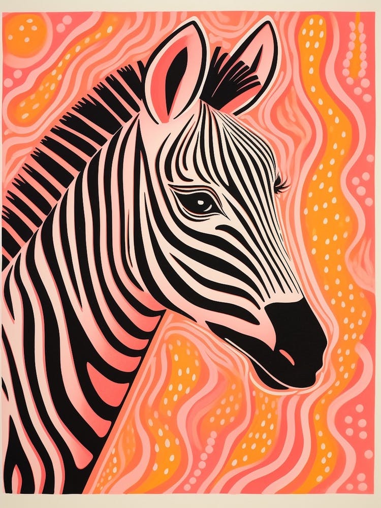 Linocut Inspired Pink & Orange Zebra 1