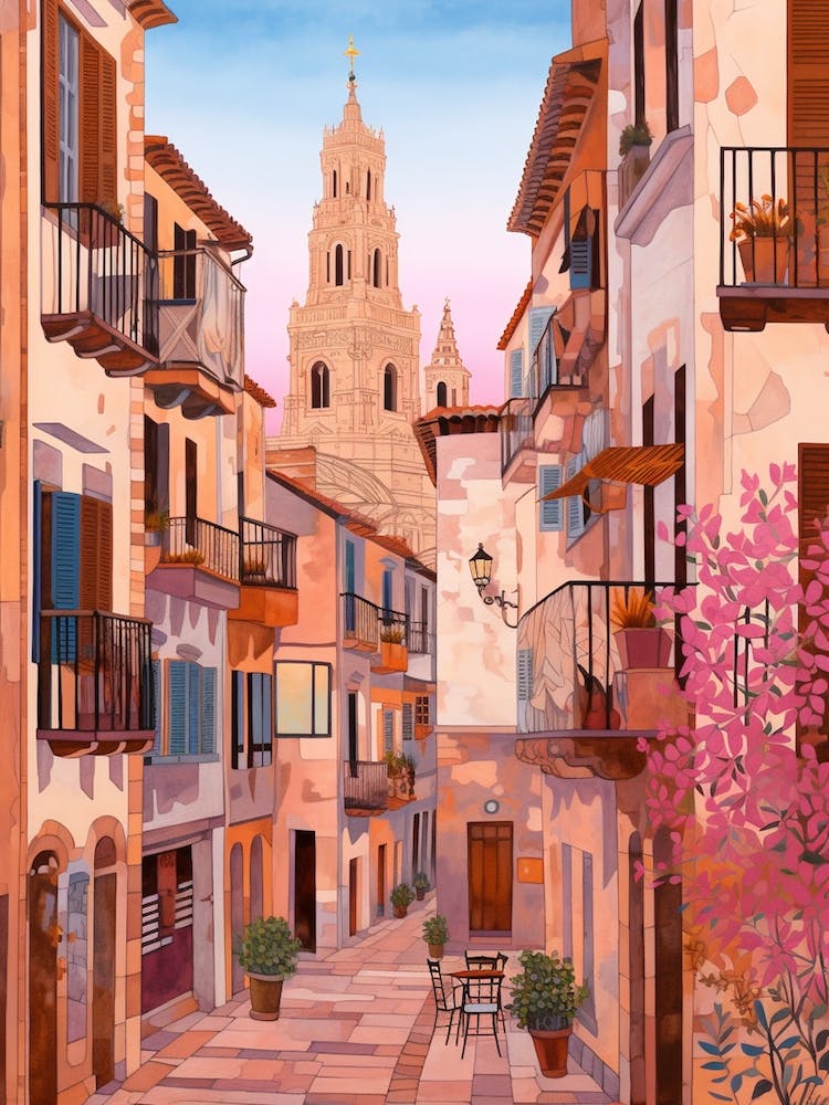 Palma De Mallorca Spain 3 Vintage Rosa Reiseillustration