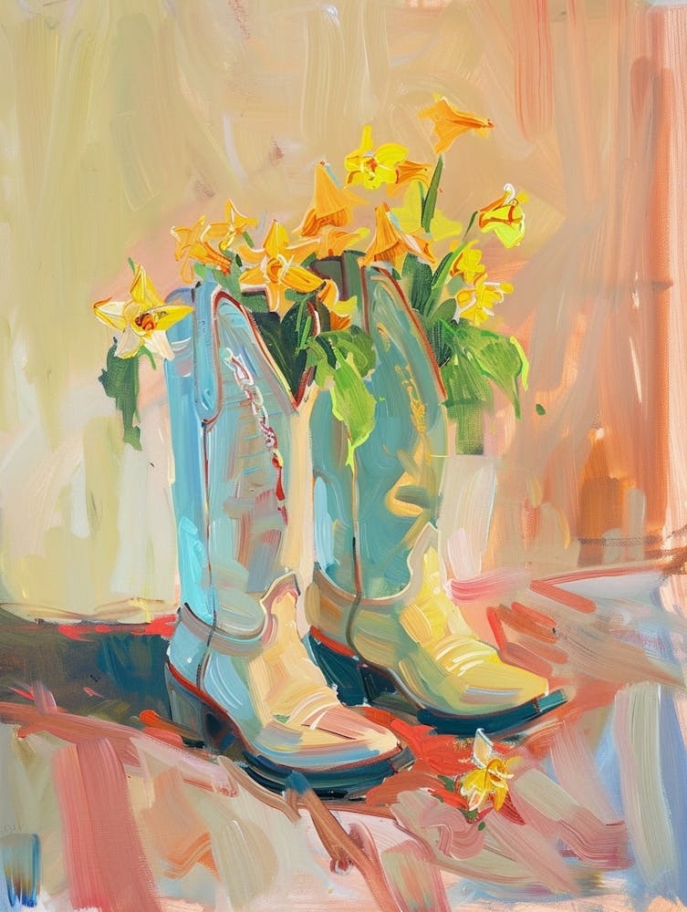 Cowboystiefel und Wildblumen Himmelsschlüssel