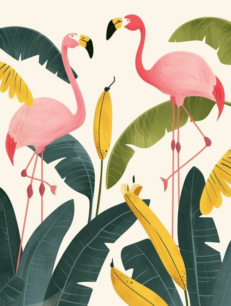 Chilean Flamingo Banana Plants Minimalist Illustration 1