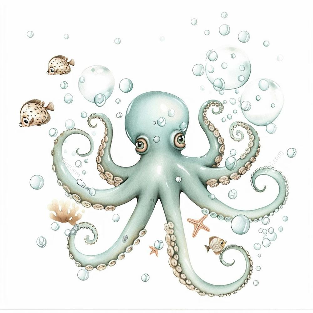 Storybook Style Octopus With Puffer Fish