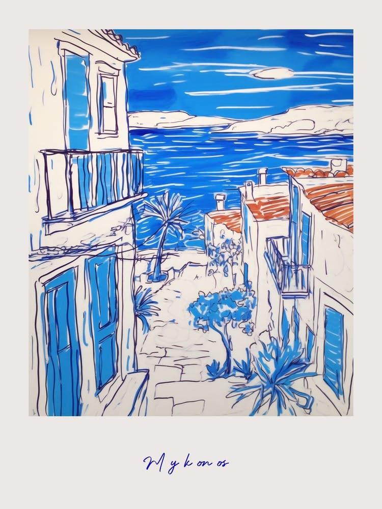 Mykonos Greece 2 Mediterranean Blue Drawing Poster