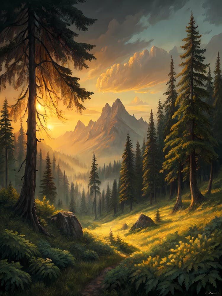 Oil Painting Style Dark Evergreen Forest With Gold